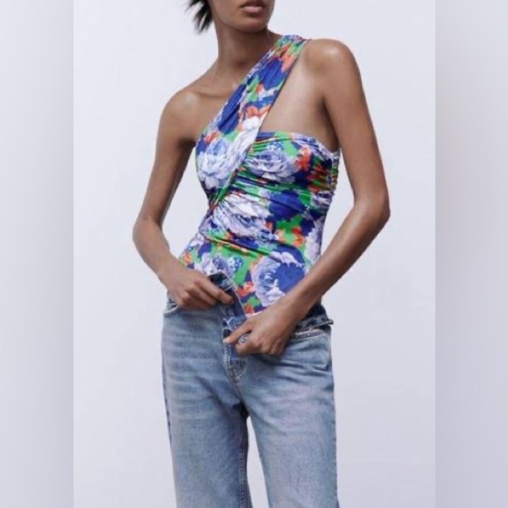 ZARA Bodysuit Top Womens S Assymmetrical Floral Blue Stretchy One Shoulder Green